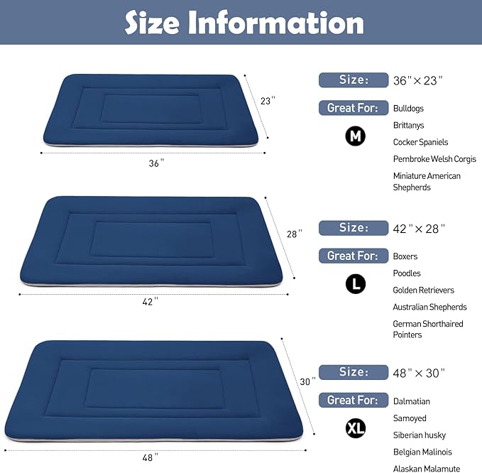 JoicyCo Dog Bed Soft Dog Crate Bed Pad Mat, 48 in Non Slip Bottom Washable Beds for Extra Large Dogs, Pet Bed Mattress Kennel Pad, Dark Blue