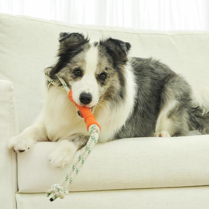 Green Sheep Natural Rubber Rope Dog Toy, Puppy Chew Toys for Teething, Tug of War Dog Rope with Recycle Cotton, Small to Large Dogs, Orange