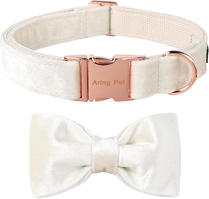 ARING PET Bowtie Dog Collar-Velvet Dog Collars with Detachable Bowtie, White Wedding Soft Dog Collar,Large.