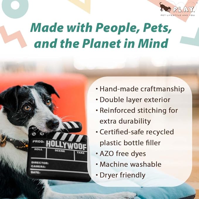 P.L.A.Y. Cute Plush Dog Toys - Hollywoof Cinema, Movie Themed Durable Squeaker Chew Toy, Great for Puppies & Small, Medium, Large Dogs - Machine Washable, Recycled Materials (Doggy Director Board)