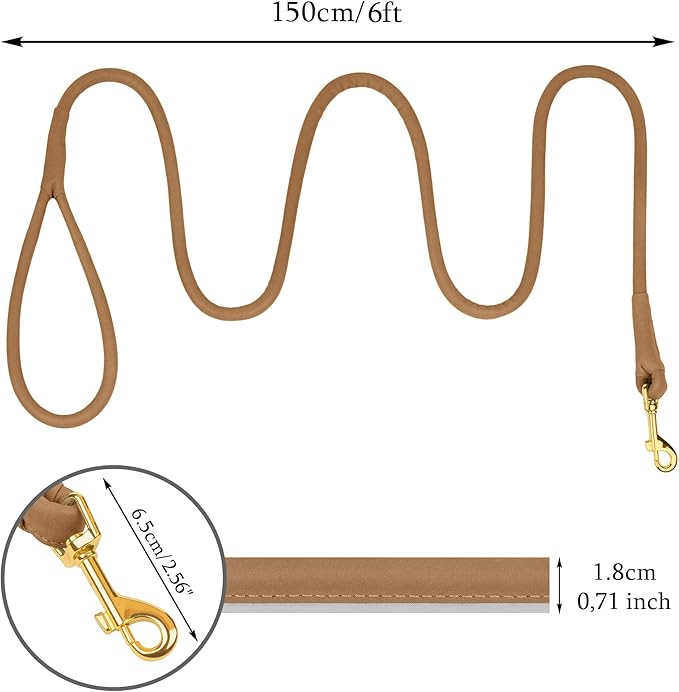 OOPSDOGGY Reflective Rolled Leather Dog Leash 6ft - Soft Training Lead for Small Medium Large Dogs Puppy - Heavy Duty Rope Puppies Leash for Outdoor Walking Running (Brown, Medium/Large)
