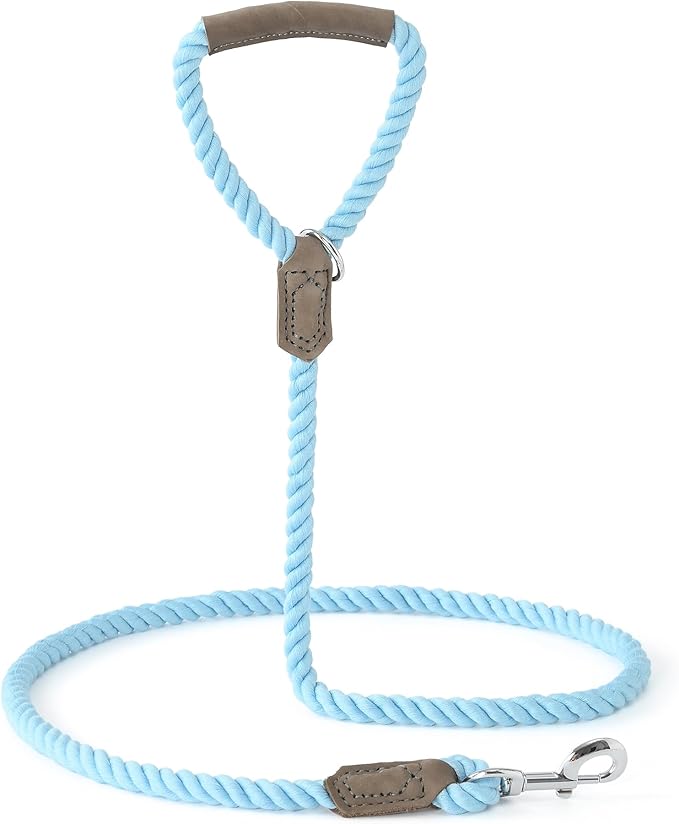 Mile High Life Dog Leash, Braided Cotton Rope Leashes with Leather Handle - Heavy Duty Metal Clasp, 4FT, 1/2" Thick - Wedding, Walking & Training Leash for Small Medium Large Dogs (Sky Blue)