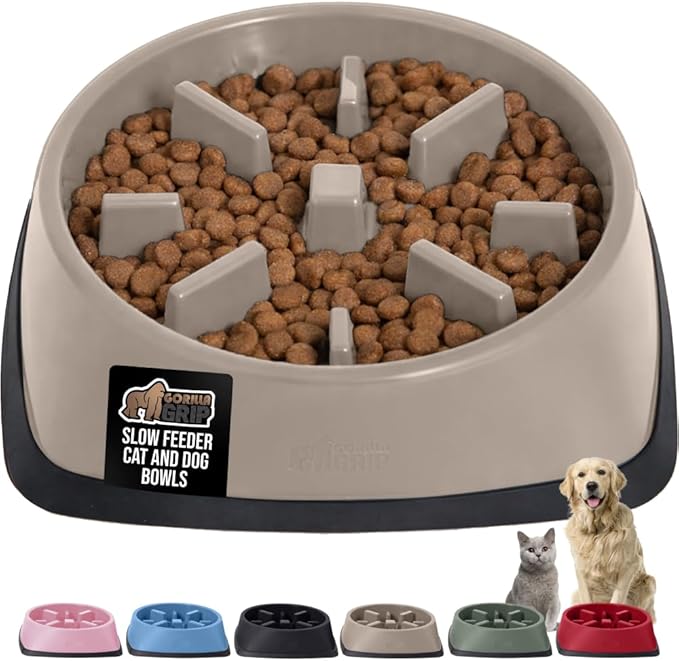 GORILLA GRIP Patented BPA Free Slow Feeder Dog Bowls, Interactive Puzzle Toy for Dogs and Cats Food Training Enrichment, Keeps Pets Busy and Prevents Puppy Overeating, All Breeds, 2 Cup, Beige