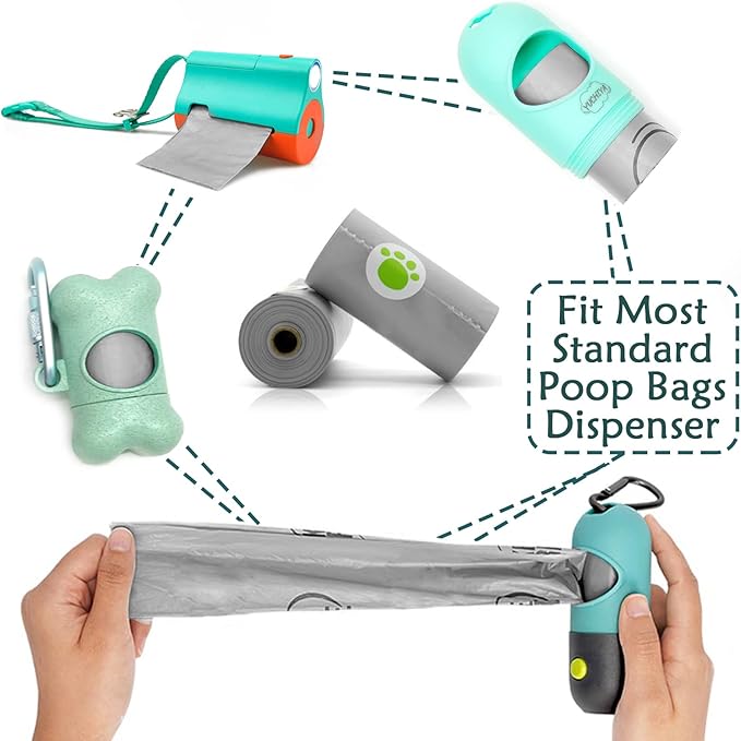 Dog Poop Bags Holder with LED Flashlight|Pet Waste Bags Dispenser for Leash|Doggie Potty Bags Container with Leak-proof Pet Trash Bags and Accessories (180 Bags, Grey)