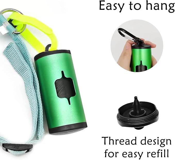 Aluminum Dog Poop Bags Holder with Carabiner Metal Pet Waste Bags Dispenser with Hook and Loop Fastener and Elastic Cord to Carry Used Bags (Emerald Green, 1 Holder 15 Bags)