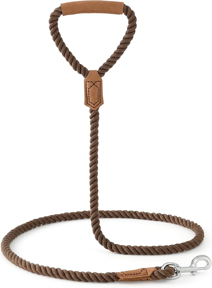 Mile High Life Dog Leash, Braided Cotton Rope Leashes with Leather Handle - Heavy Duty Metal Clasp, 6FT, 1/2" Thick - Wedding, Walking & Training Leash for Small Medium Large Dogs (Dark Brown)