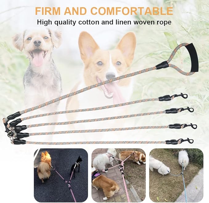 Dual Dog Leash 360° Tangle-Free - Reflective Heavy Duty, Comfortable Handle for Small/Medium/Large Dogs, Support Multiple Rope Addition (Orange 1, Four Leashes)