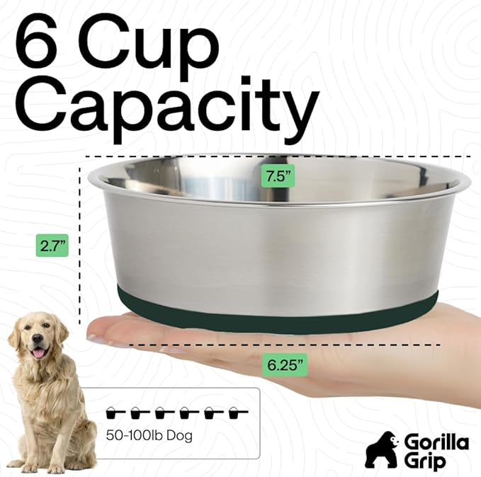 GORILLA GRIP Set of 2 Dog Bowls, Holds 6 Cups (48 fl oz), Heavy Duty Metal Food and Water Bowl for Feeding Dogs and Cats, Dishwasher Safe, Rust Resistant Stainless Steel, BPA Free Rubber Base, Green