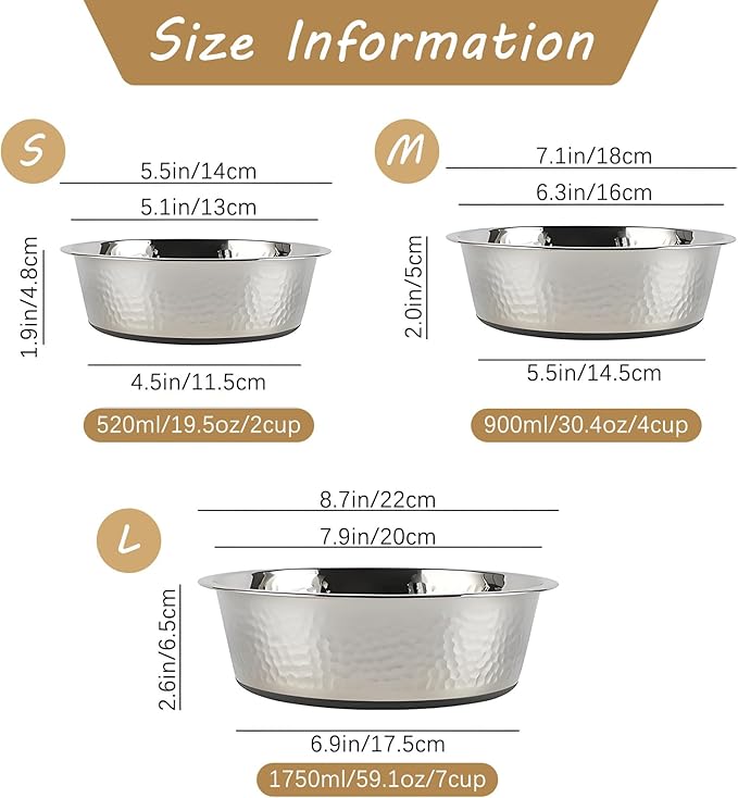 kathson Stainless Steel Dog Bowls 3 PCS Durable Dog Bowls with Rubber Non-Slip Base Cat Dishes for Water and Food Dishwasher Safe for Feeding Small/Medium/Large Sized Pets(8.7in)