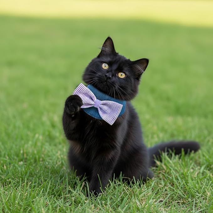 Denim Dog Bandana – Striped Bowtie, Soft & Durable Pet Scarf with Adjustable Metal Snap Buttons for Dogs & Cats (Purple, Small)