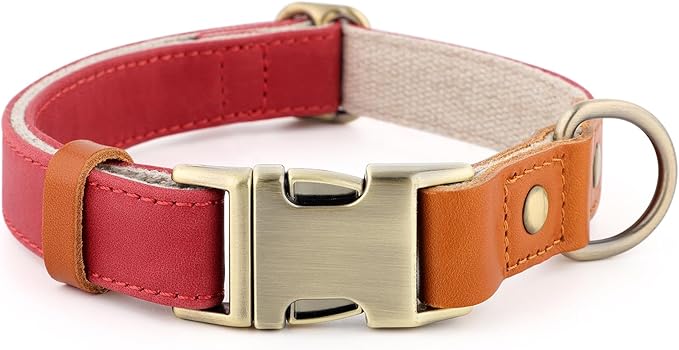 Plutus Pet Genuine Leather & Hemp Dog Collar – Adjustable Heavy Duty Pet Collar with Quick Release Metal Buckle, Soft & Stylish for Puppy and Small, Medium, Large Dogs (Red, S)