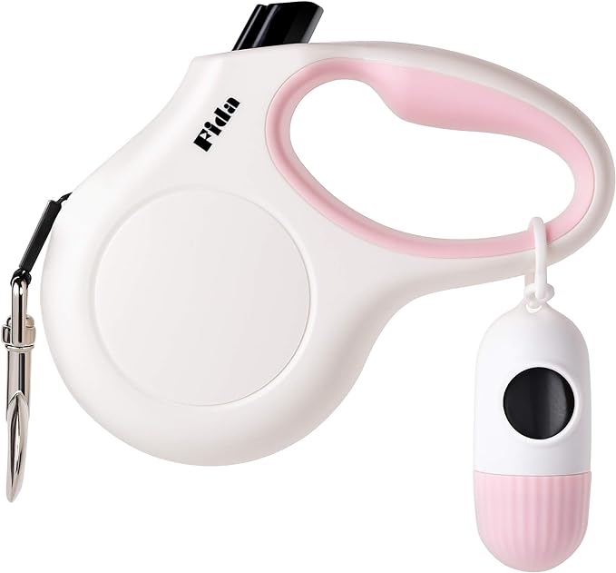 Fida Retractable Dog Leash with Dispenser and Poop Bags, 16 ft Pet Walking Leash for Large Dog up to 110 lbs, Anti-Slip Handle, Tangle Free, Reflective Nylon Tape (L, White)