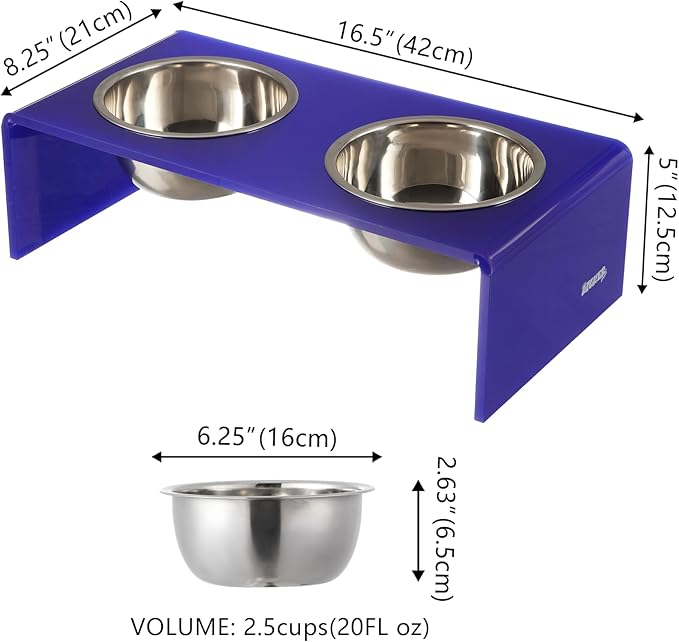 The LICKER Store DBL2000F Keaton 5" Small/Medium Modern Acrylic Rectangular Elevated Pet Feeder with 20oz 2-Stainless Steel Bowls, Purple/Chrome