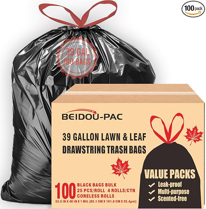39 Gallon Lawn & Leaf Trash Bags Drawstring, 100 Count, Heavy Duty Black & Unscented Plastic Bags, Multi-purpose Garbage Bags for Home Commercial, Outdoor, Construction, Industrial
