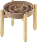 Ceramic 1.6 Cup Raised Slow Feeder Dog Bowl Set, Elevated Wooden Stand for Medium and Large Dog, 8.2inch Puzzle Slow Dish, Anti-Gulping(Brown Coffee, Single Bowl+ Stand)