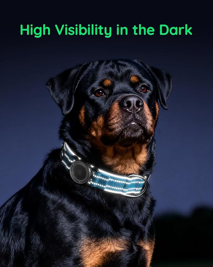 Upgrade Airtag Dog Collar,with IPX8 Waterproof AirTag Holder | Reflective Ultra-Durable | Soft Padded | Lock Buckle | Heavy Duty | Fit Small Medium Large Dogs（Blue1，XL(19"～27")）