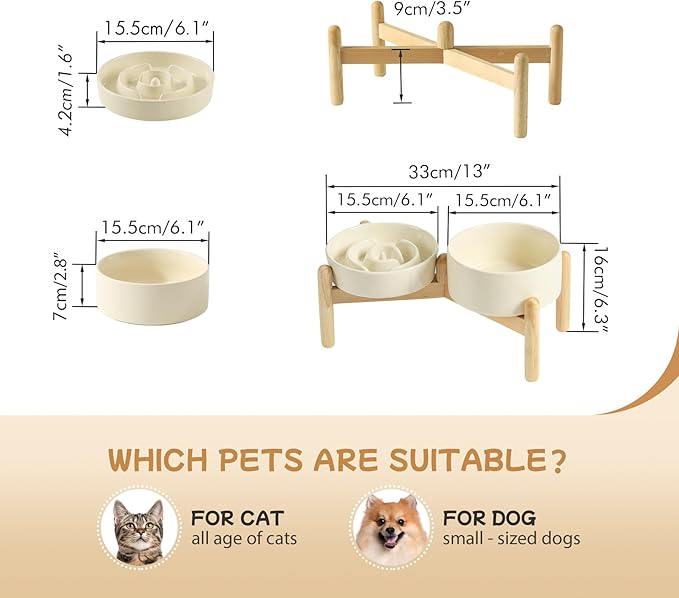 Ceramic 0.9 Cup Raised Slow Feeder Dog Bowl Set, Elevated 6.1inch Water Bowl and 6.1inch Slow Dish with Wooden Stand for Small Dogs (2 x Beige+ Stand)