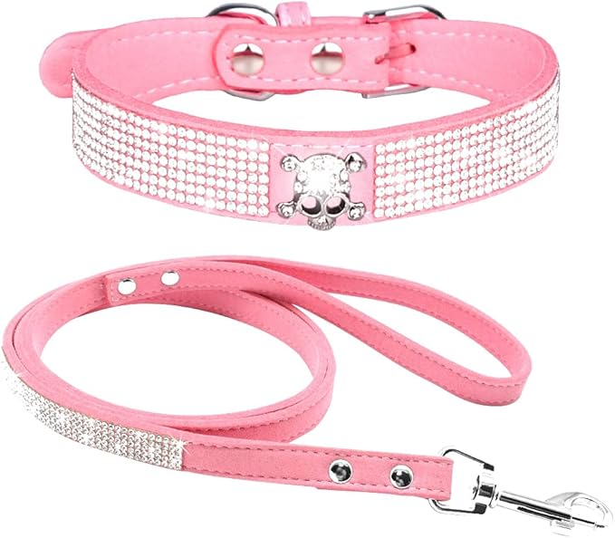 Cute Dazzling Sparkling Elegant Fancy Soft Suede Leather Bling Rhinestone Crystal Jeweled Pet Cat Dog Puppy Collar Dog Leash Combo Set (L(Neck 15-18"), Pink-5)