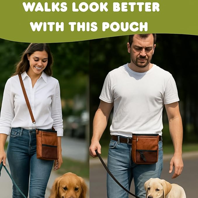 Large Dog Treat Pouch PU Leather with Clicker, Magnetic Clasp, Fits All Phones, 4 Cups, Hands-Free Pouches for Dog Training Treat Pouch, Built in Poop Bag Holder