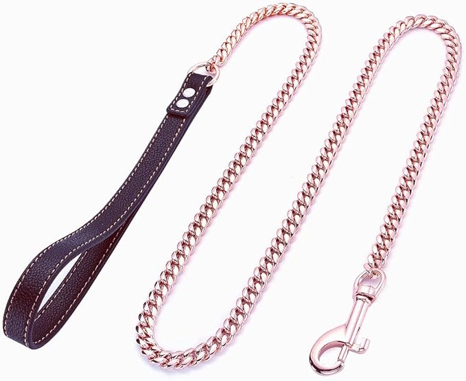 Rose Gold Dog Chain Leash 10MM 14MM Curb Cuban Link Chain Dog Leash Strong Chew Proof Stainless Steel Leash 3FT/4FT/5FT for Small Medium Large Dogs(10mm,3ft)…