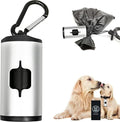 Aluminum Dog Poop Bags Holder with Carabiner Metal Pet Waste Bags Dispenser with Hook and Loop Fastener and Elastic Cord to Carry Used Bags (Silver, 1 Holder 15 Bags)