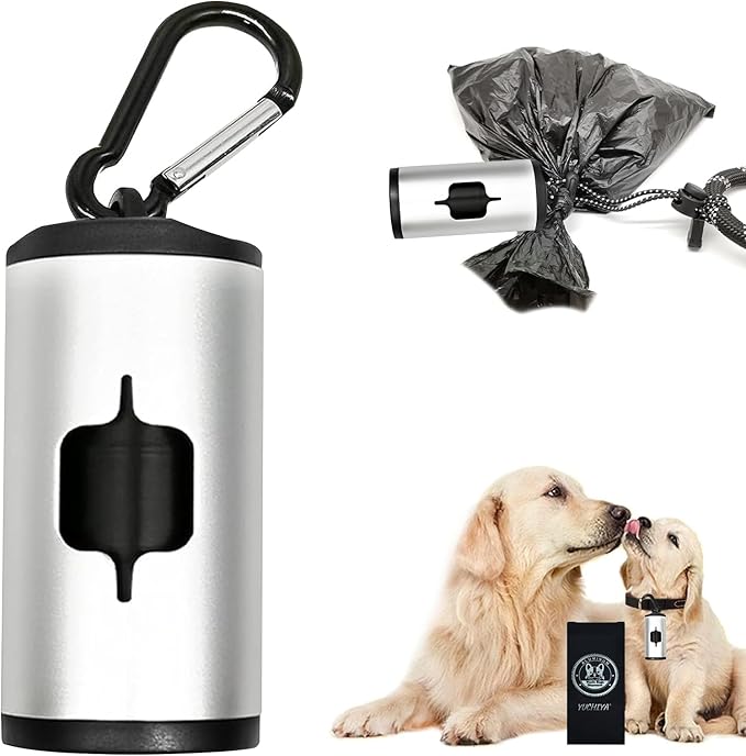 Aluminum Dog Poop Bags Holder with Carabiner Metal Pet Waste Bags Dispenser with Hook and Loop Fastener and Elastic Cord to Carry Used Bags (Silver, 1 Holder 15 Bags)
