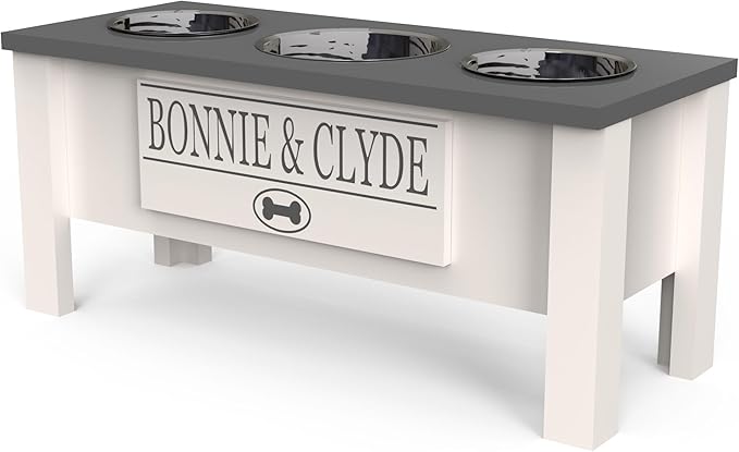GTW Personalized Elevated Triple Dog Bowl Stand for Large, Medium, Small, X-Small Dogs - 3 Stainless Steel Food and Water Bowls - Raised Dog Dish with Internal Storage (Large, Grey)