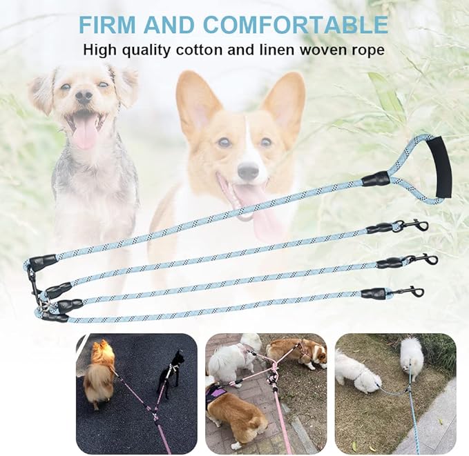 Dual Dog Leash 360° Tangle-Free - Reflective Heavy Duty, Comfortable Handle for Small/Medium/Large Dogs, Support Multiple Rope Addition