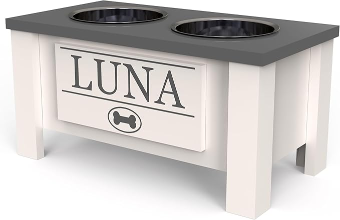 GTW Personalized Elevated Dog Bowl Stand for Large, Medium, Small, X-Small Dogs - Stainless Steel Food and Water Bowls - Raised Dog Dish with Internal Storage (Medium, Grey)