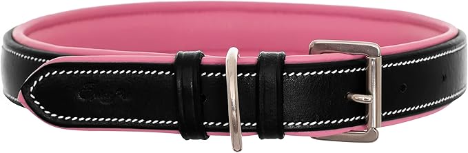 Exion Geniun Leather Dog Collar Designer Stitched Soft Leather Padded- Suitable for Small Medium Large X-Large Dogs for Walking Running- Black with Pink Padding