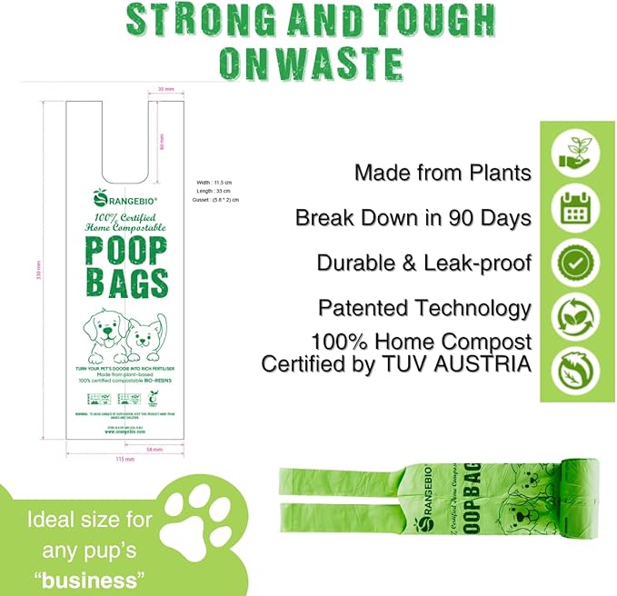 OrangeBio Dog Poop Bags with Handles, 100% Certified Home Compostable, 13 x 9 Inches - 180 Count (15 Bags per Roll, 12 Rolls), OK Compost Home
