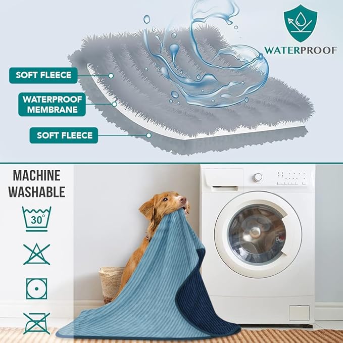 PetAmi Waterproof Dog Blanket, Leakproof Pet Blanket for Small Medium Large Dogs, Reversible Furniture Bed Sofa Couch Cover Protector, Plush Striped Pet Throw for Indoor Cat, 29x40 in, Navy Blue