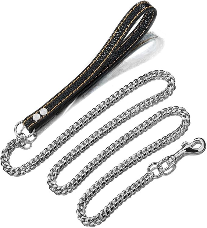3FT/4FT/5FT Heavy Duty Silver Dog Chain Leash 14MM Stainless Steel Miami Cuban Link Chain with Durable Genuine Leather Handle for Training Walking(14mm,4ft)…
