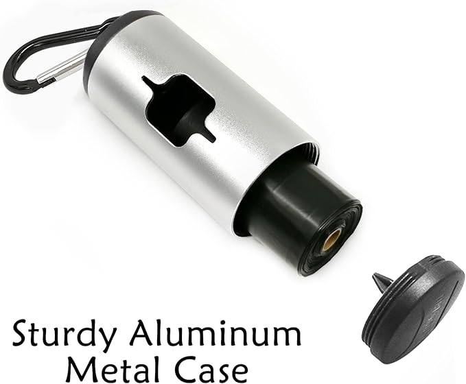 Aluminum Dog Poop Bags Holder with Carabiner Metal Pet Waste Bags Dispenser with Hook and Loop Fastener and Elastic Cord to Carry Used Bags (Silver, 1 Holder 15 Bags)