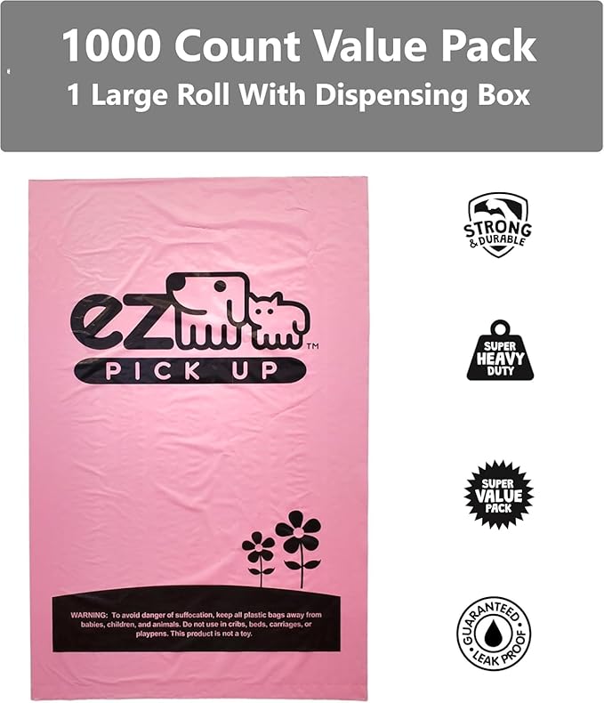 EZ Pick Up 1000 Count Dog Waste Poop Bags, Unscented Single Roll, Heavy Duty, Improved Thickness (Pink - 1000ct)