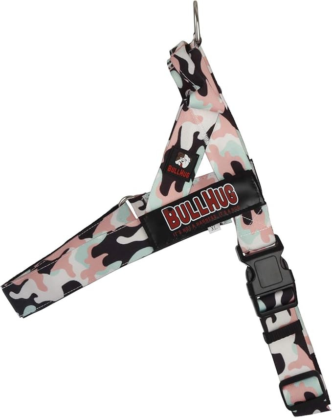 BULLHUG Adjustable Dog Harness– No Pull, No Choke – for English Bulldogs, French Bulldogs, Pugs & Broad-Chested Breeds – Easy, Safe Walks (Pink & Mint Camouflage, Large)
