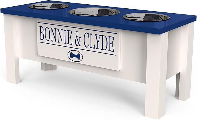 GTW Personalized Elevated Triple Dog Bowl Stand for Large, Medium, Small, X-Small Dogs - 3 Stainless Steel Food and Water Bowls - Raised Dog Dish with Internal Storage (Large, Blue)