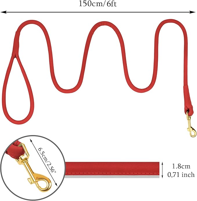 OOPSDOGGY Reflective Rolled Leather Dog Leash 6ft - Soft Training Lead for Small Medium Large Dogs Puppy - Heavy Duty Rope Puppies Leash for Outdoor Walking Running (Red, Medium/Large)