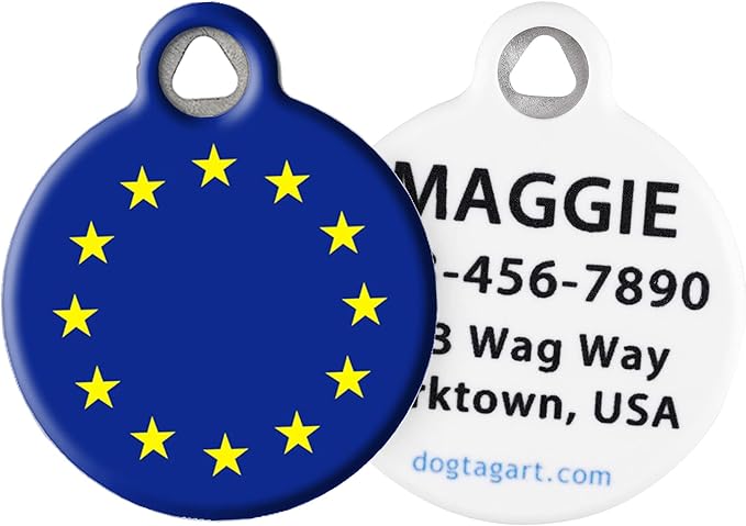 Dog Tag Art European Union Flag Personalized Pet ID Tag for Dogs and Cats, Silent Polymer Coated Stainless Steel Nametag with Customized Identification Information - Small .875" Diameter