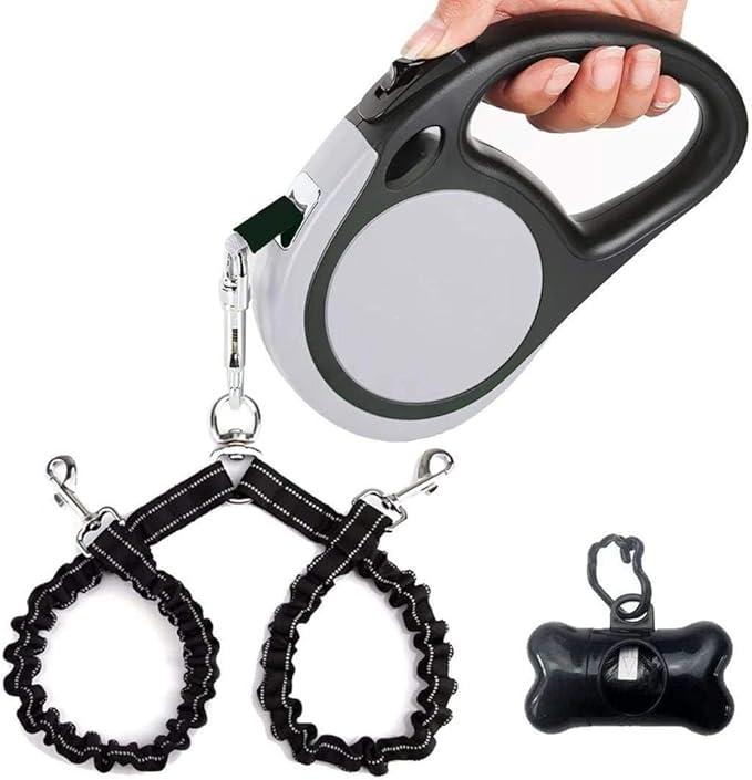 Dual Retractable Dog Leash for Walking 2 Small Dogs(Up to 44 Lbs Each) - Double Headed 16ft Extendable Pet Leash with Poop Bags, Non Slip Grip, One Button Control, 360 Tangle-Free (Gray, Medium)