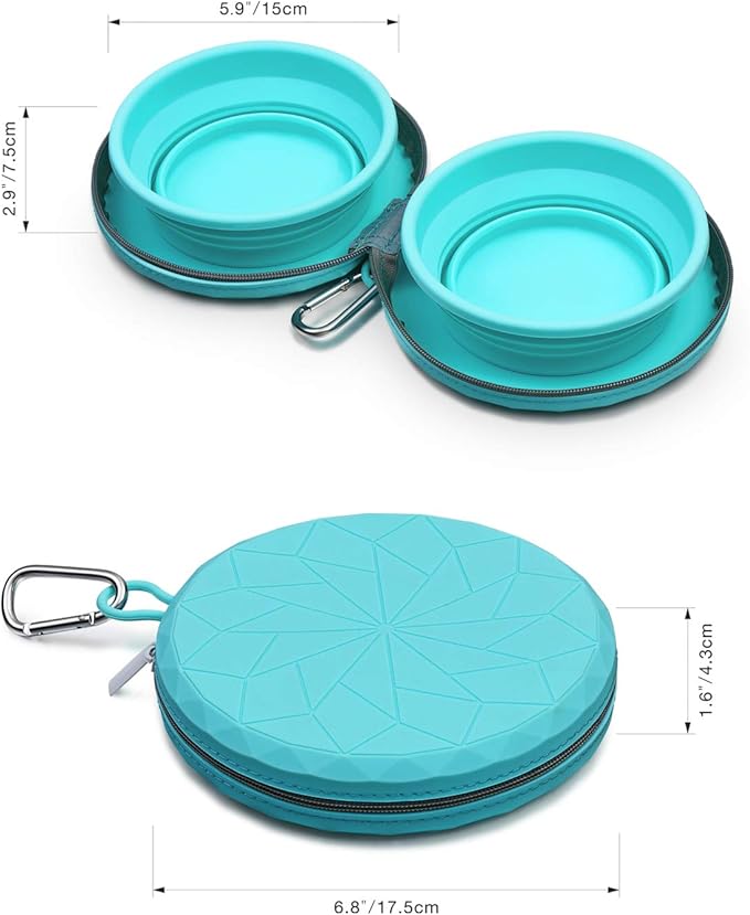 KALLAK Collapsible Silicone Twin Bowls with Zipper Silicone Case, 2 in 1 Portable Travel Dog Feeder, Pop Out Non-Skid Food and Water Bowl with Carabiner Clip