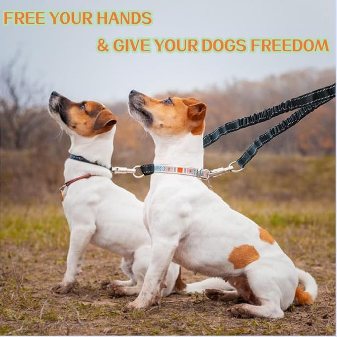Double Dog Leash for Walking 2 Small Dogs (Up to 33 Lbs Each), Dual Retractable 9.8ft Extendable Strong Nylon Tape Pet Leash with Poop Bags, One-Handed Brake, Pause, Lock (Purple)