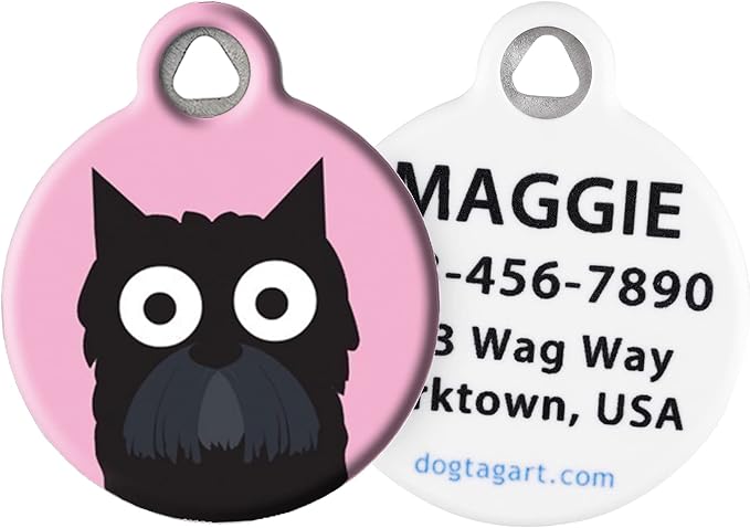 Dog Tag Art Scottish Terrier Girl Personalized Pet ID Tag for Dogs, Silent Polymer Coated Scottie Nametag with Customized Identification Information - Large 1.25" Diameter