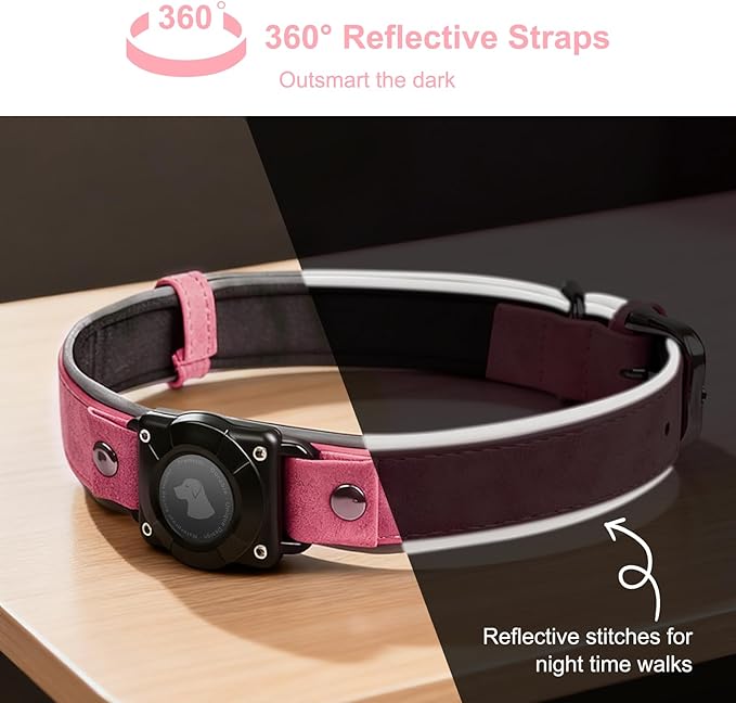 Leather AirTag Dog Collar - IPX8 Waterproof Dog Collar with AirTag Holder|Reflective, High - End, Adjustable Soft Padded |Dog GPS Collar Tracker Fit for Medium Large Dogs (PINK,M）
