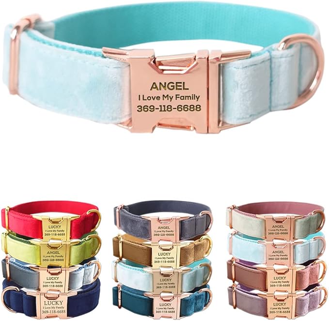 PETDURO Custom Dog Collar Personalized with Name Engraved Quick Release Rose Gold Metal Buckle for Large Medium Small Girl Dogs - Dog Leash and Bow Tie Available - Soft Comfy Velvet (Mint Blue, XL)