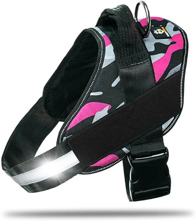 Non Pull Dog Harness with Patch Panels and Handle, Adjustable, Reflective, No Choke, Heavy Duty Easy On Service Dog Vest Harnesses for Medium Large Small Sized Dogs - Camouflage Pink, M