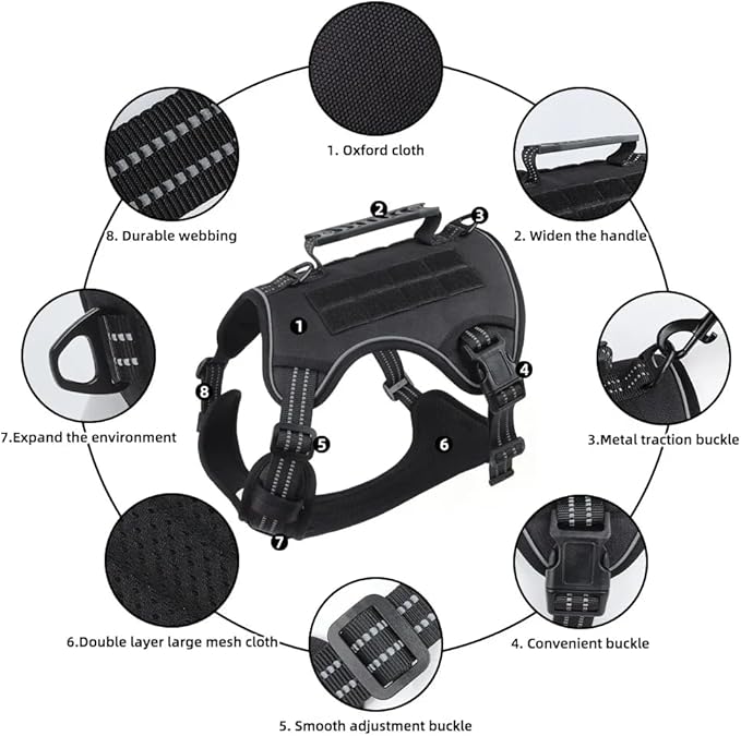 Tactical Dog Harness with Leash for Large Dogs, No Pull Adjustable Dog Harness, Reflective K9 Working Pet Vest for Walking, Training (Black, XL)