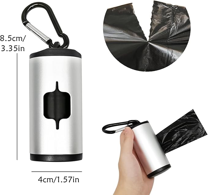 Aluminum Dog Poop Bags Holder with Carabiner Metal Pet Waste Bags Dispenser with Hook and Loop Fastener and Elastic Cord to Carry Used Bags (Silver, 1 Holder 15 Bags)