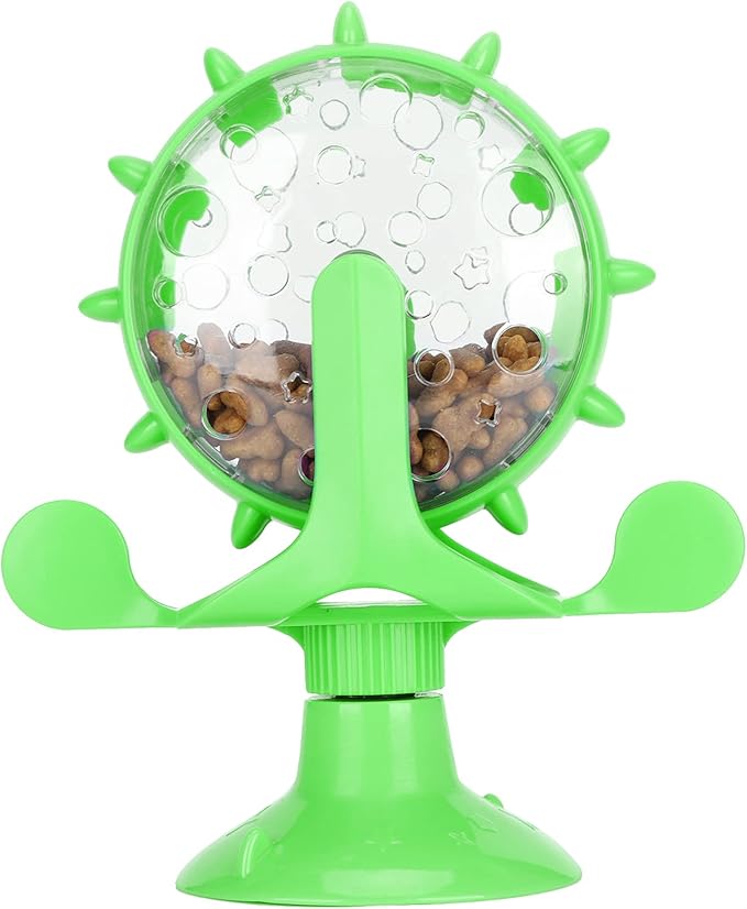 Interactive Cat Food Treats Dispenser Toy, Pet Slow Feeder Feed Training Toy Cat Windmill Toy Dog Food Dispenser, 360° Rotating Windmill Suction Cup Toys for Educational Interactive Training (Green)