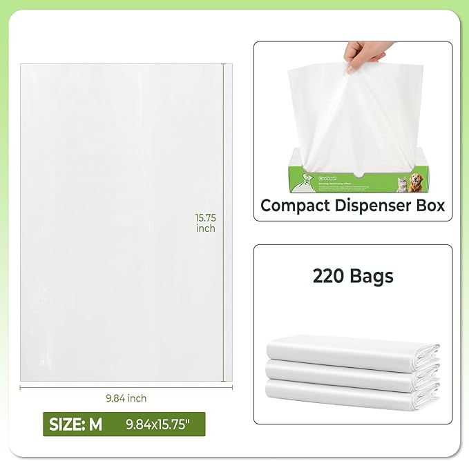 Odor Sealing Dog Poop Bags (220 Bags) Unscented & Durable Dog Waste Bags, Block Smells [Size:M, Color：White]